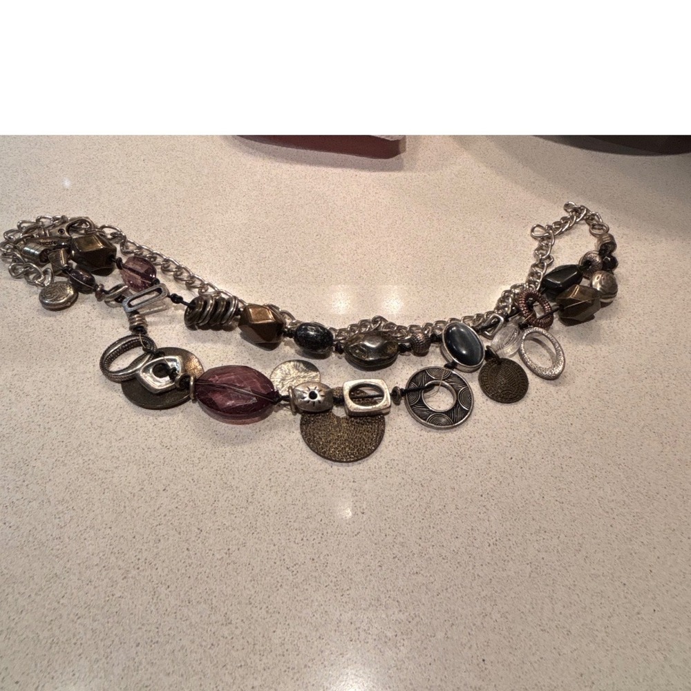 VTG Chicos Belt Mixed Metal Multi Strand Statement Purple Beads Silver Brass